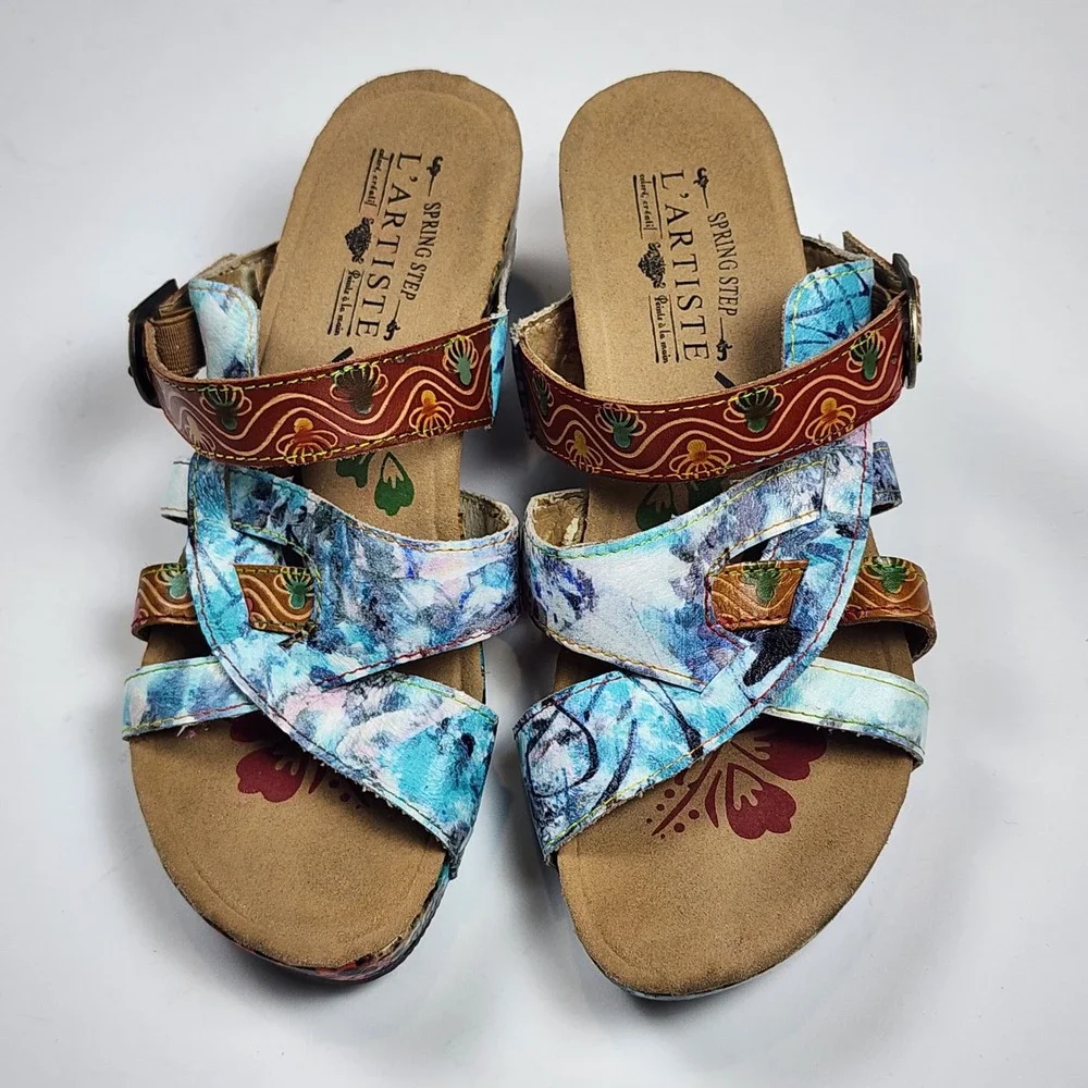 L'Artiste Spring Step Leather Wedge Sandals Women US 6.5 37 Floral Animal Casual
